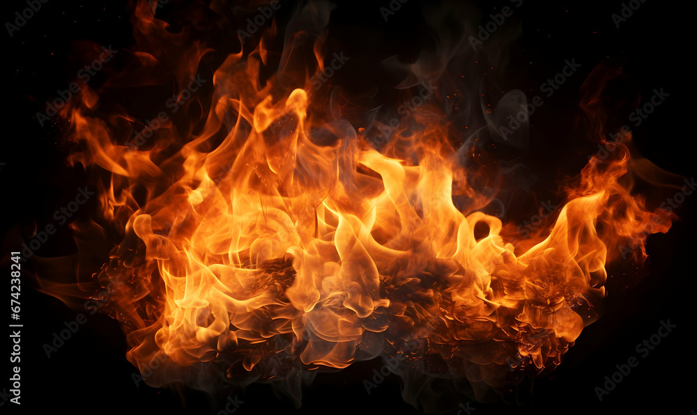 Ai generated texture of fire on a black background, fire flame, burning fire on a dark area, fire background, fire frame, fire flames background