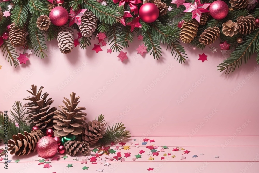 Christmas natural coniferous border with cones and confetti. Festive pink background