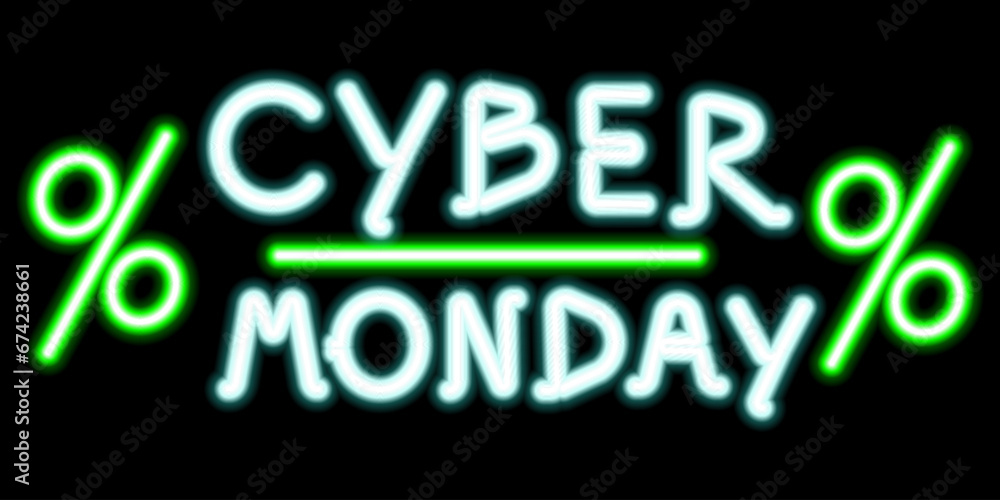 Cyber Monday neon sign. Stock vector illustration with green discount percentages on a black background.