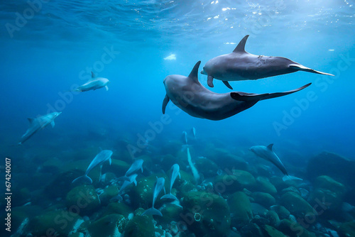 イルカ_御蔵島_18_泳ぎ去って行くイルカの群れ © JUN HASEGAWA