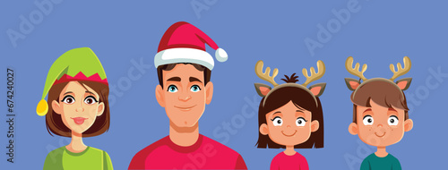 Happy Family Wearing Christmas Hats Celebrating Together vector Characters Set. Cheerful relatives bonding with affection during holiday season
