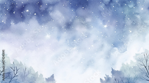 watercolor landscape winter, snow, snowfall view with copy space, empty banner, postcard for the new year © kichigin19