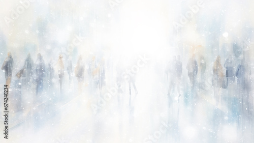 watercolor drawing urban view of society in a snowfall, winter white background blizzard, christmas card abstract city
