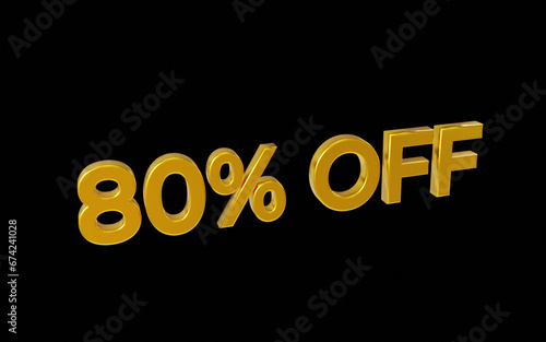 Golden 3D Sign - 80% Off for Sale promotion Banner, 3d render, isolated on black background, retail business marketing