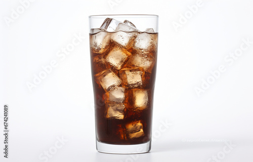 Cold brown drink in tall transparent tall glass on a white background