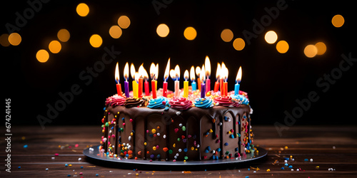 Birthday cake with lots of candles , Birthday cake on plate close up Generative Ai