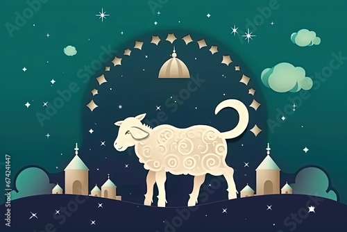 Eid Al Adha festival. Greeting card with sacrificial sheep  on cloudy night background. Eid Mubarak theme.  