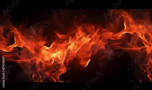 Ai generated texture of fire on a black background, fire flame, burning fire on a dark area, fire background, fire frame, fire flames background