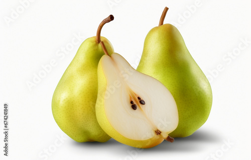 Ripe green pears whole and split isolated on a white background