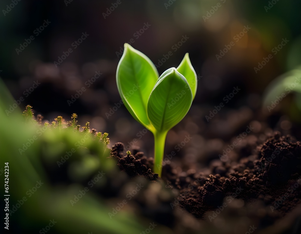 A small plant emerging from the dark, rich soil, capturing the delicate beauty of this natural moment
