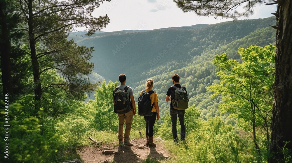 back view of three young people climbing a mountain, walking among green trees, backpacker adventure trip