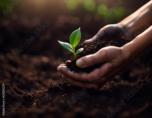 "Nature's Embrace: Hand, Soil, and Sprouting Green Plant." Hand holding a plant