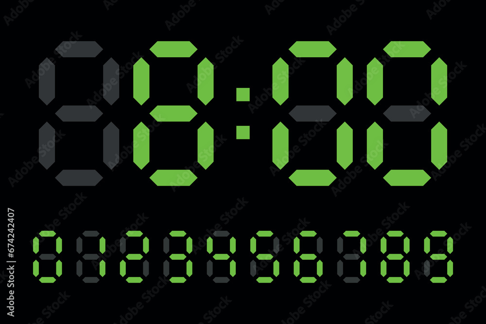 Digital LED Clock numbers electronic figures vector on black background. Digital LED Clock numbers electronic figures vector on black background.