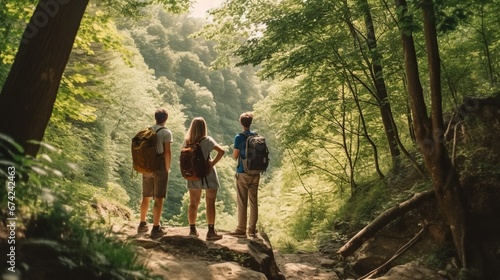 back view of three young people climbing a mountain, walking among green trees, backpacker adventure trip © Gethuk_Studio