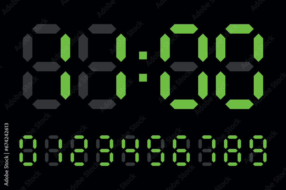 Digital LED Clock numbers electronic figures vector on black background. Digital LED Clock numbers electronic figures vector on black background.