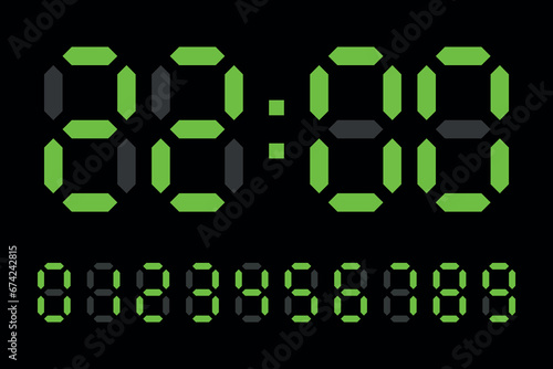 Digital LED Clock numbers electronic figures vector on black background.