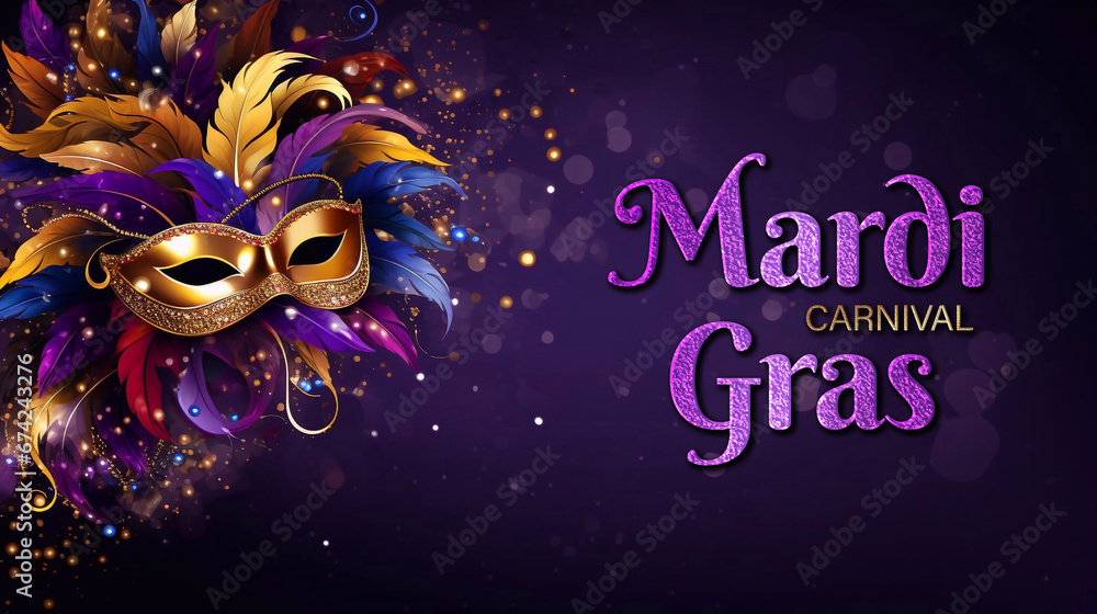 Happy Mardi Gras Carnival Poster Design with Venetian masks in gold, purple and green colors