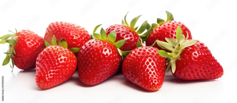 Strawberries that are newly picked placed against a backdrop of pure white Strawberries that are newly picked placed against a backdrop of pure white