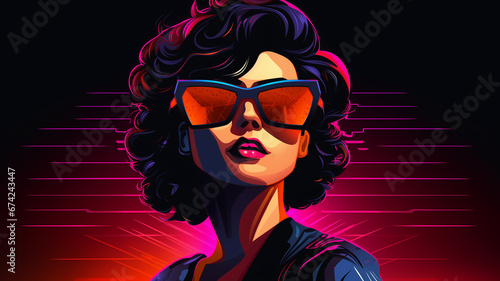 schöne Frau mit Sonnenbrille im Retro Look mit Neonfarben und Platz für Text. Querformat. Generative Ai