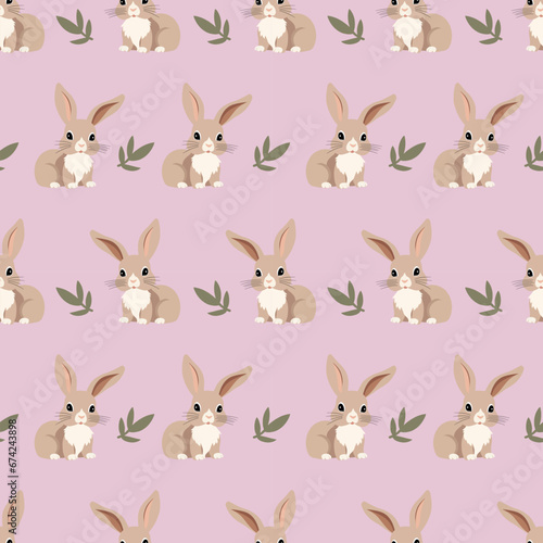 Rabbit or Bunny seamless pattern on pink background. Cute backgroundprint for Easter decoration, wrapping and wall paper, textile print, covering.