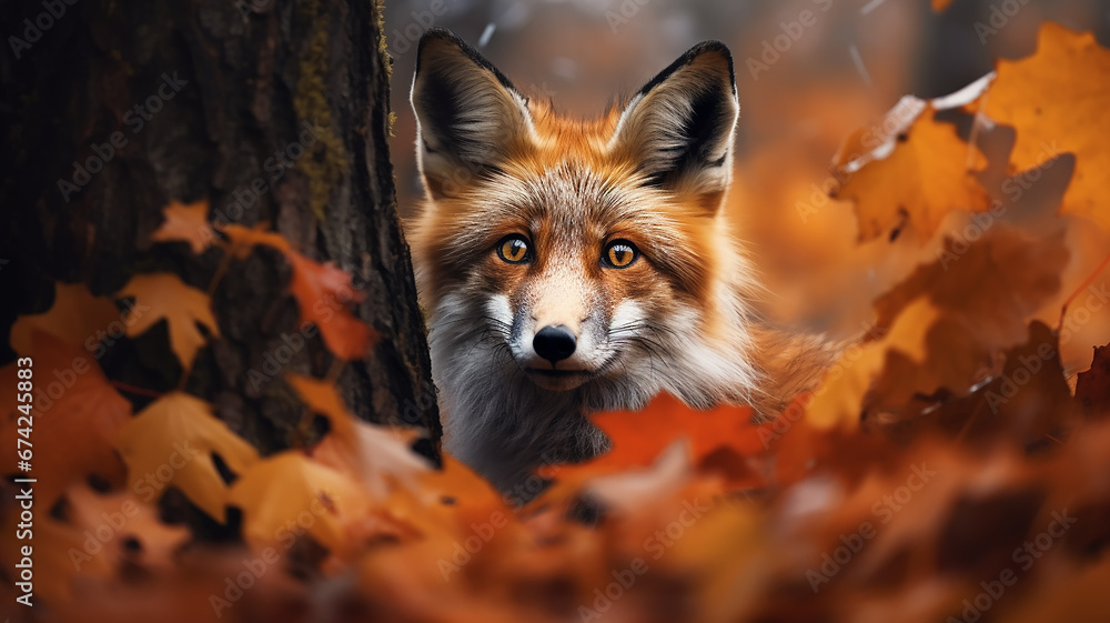Fototapeta premium cute fox in the autumn forest, orange tones of an autumn day in a portrait of a wild nature predator