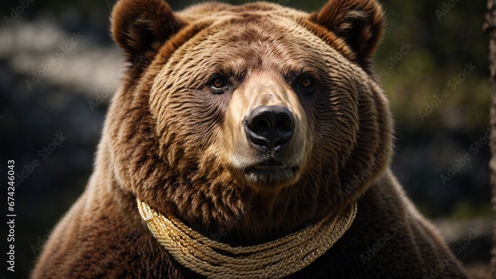 Obraz premium Close up high resolution image of a huge grizzly bear wearing gold chain necklace. Generative AI.