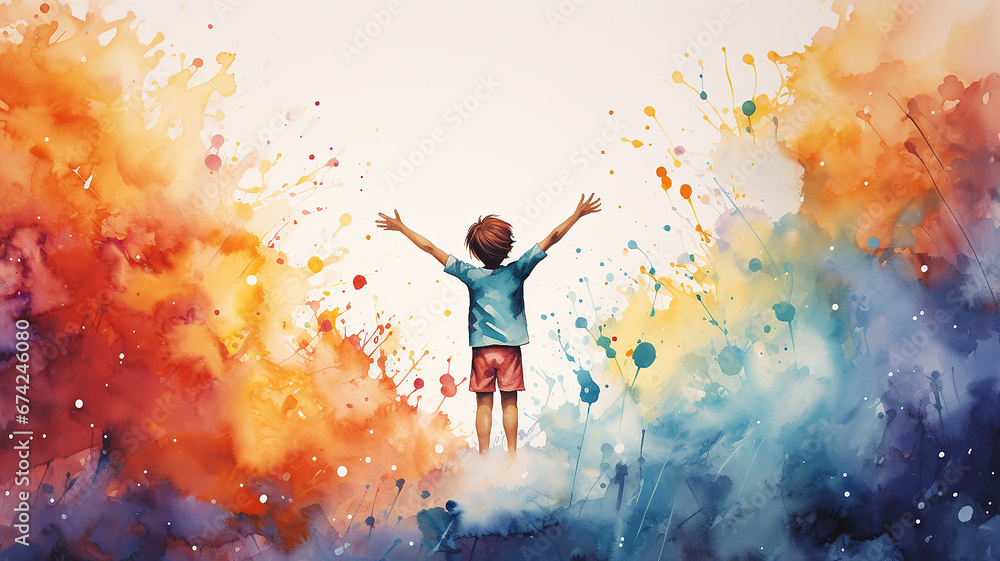 freedom of creativity watercolor multicolored silhouette of a person, creative idea colorful background, splashes of paint and ink happiness - obrazy, fototapety, plakaty 