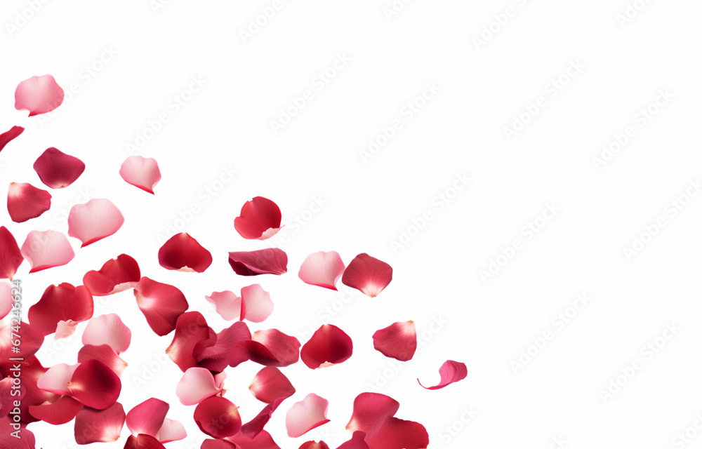 Many rose petals fall on the floor isolated on a white background