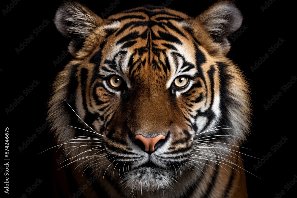 Close-up of tiger muzzle isolated. Head front view Close-up of tiger muzzle isolated. Head front view