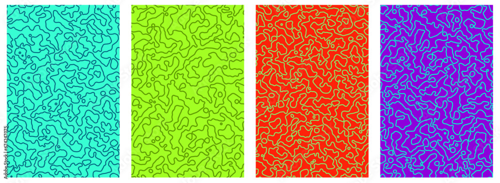Fototapeta premium Set of bright colorful cards with textures. Abstract Turing ornament halftone reaction diffusion psychedelic background.