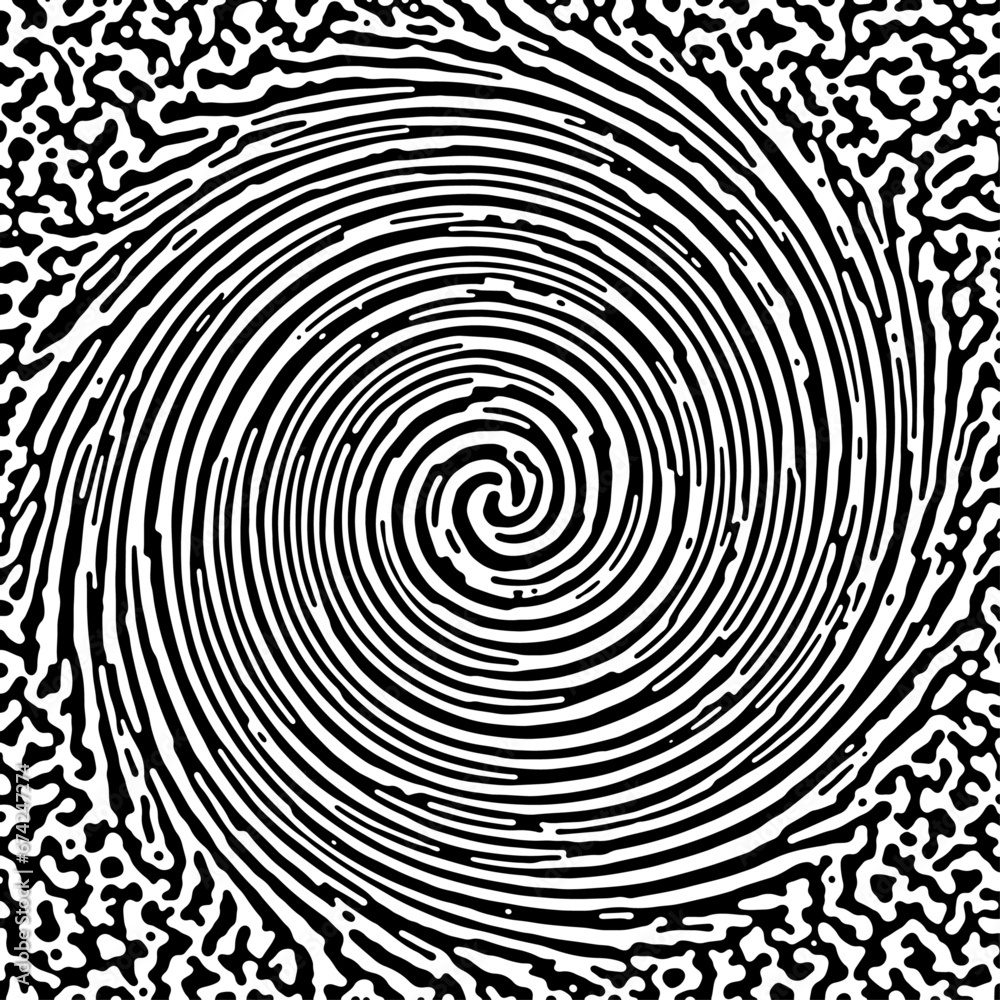 Black and white spiral with abstract Turing ornament halftone reaction diffusion psychedelic background. Black and white spiral with abstract Turing ornament halftone reaction diffusion psychedelic background.