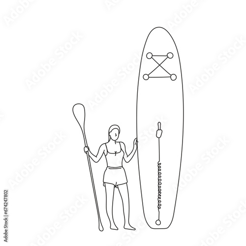 woman standing with sup board and paddle illustration vector hand drawn isolated on white background