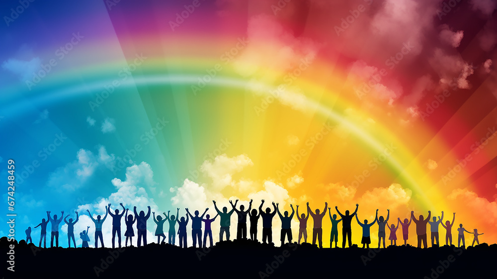 Fototapeta premium row of silhouettes of people standing under rainbow. illustration multicolor spectrum background copy space peace and freedom