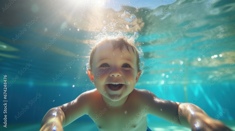 Cute smiling child having fun swimming and diving in the pool at the resort on summer vacation. Sun shines under water and sparkling water reflection. Activities and sports to happy kid