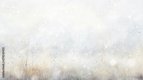 white blurred background snowfall, snowflakes falling, blizzard, watercolor image light abstract copy space blank winter greeting postcard