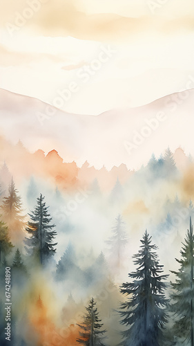 vertical autumn background in coniferous forest, texture of fir trees and pines in autumn watercolor style © kichigin19