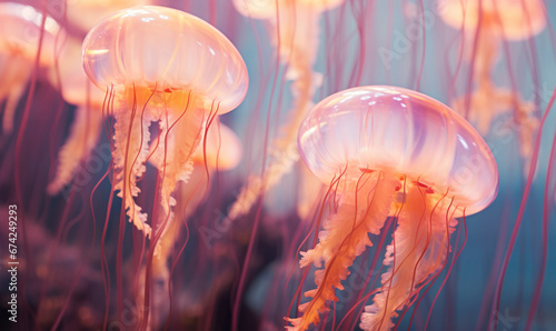 A school of beautiful pink jelly fish swimming underwater