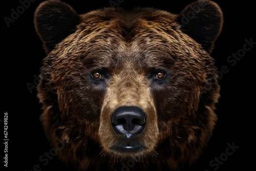 Close-up of calm bear muzzle isolated. Head front view