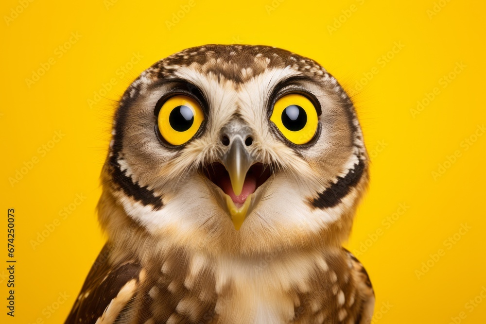 Fototapeta premium Surprised owl isolated on yellow background. Season of discounts and sales