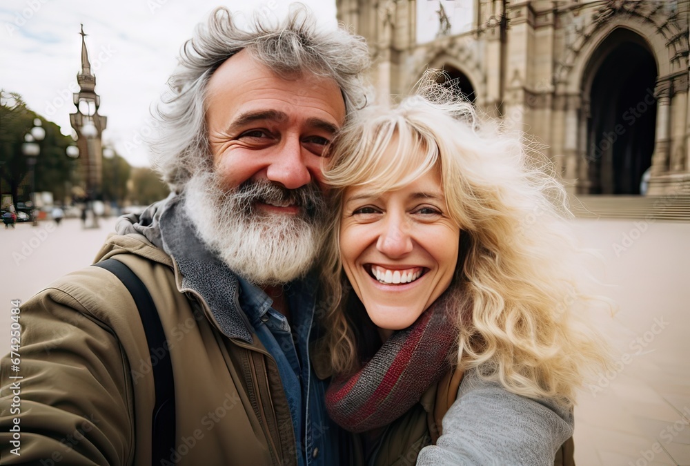 selfie of an elderly couple on the streets of Barcelona, smiling and happy, travel concept
