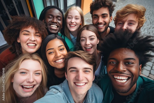 selfie of a group of friends of different ethnicity all smiling and happy, social concept