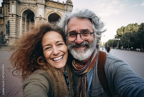 selfie of an older couple on the streets of an Italian city, smiling and happy, travel concept