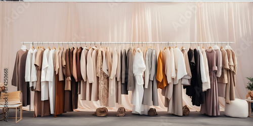outfit hanging on a stylish clothing rack,, various women fashion clothes hanging on rack Generative Ai