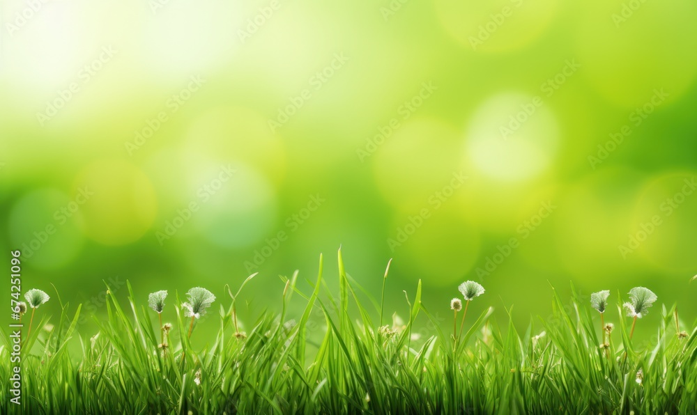 Fototapeta premium Fresh green grass with bokeh background. Spring or summer concept. with free space for text. 