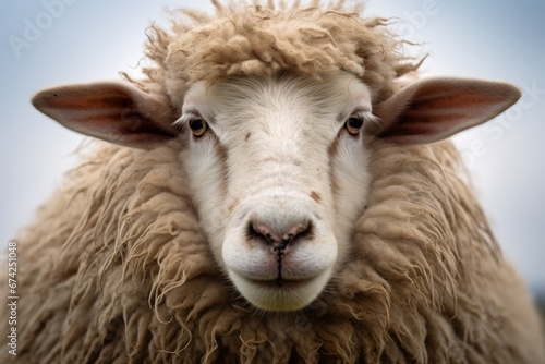 Close-up of calm sheep muzzle isolated. Head front view