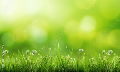 Fresh green grass with bokeh background. Spring or summer concept. with free space for text. 