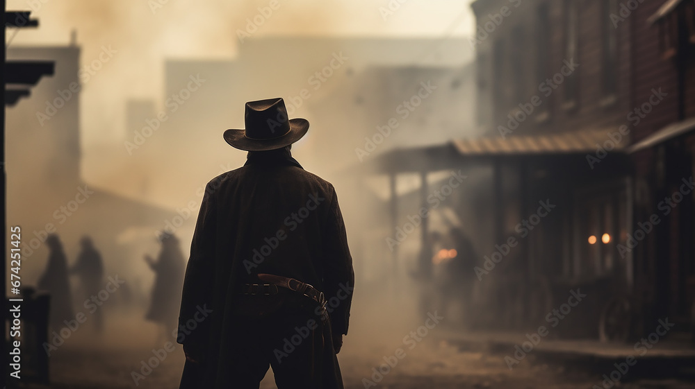 cowboy view from the back, wild west, retro landscape in the town historical reconstruction fictional graphics cowboy view from the back, wild west, retro landscape in the town historical reconstruction fictional graphics