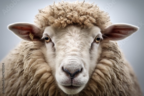 Close-up of calm sheep muzzle isolated. Head front view