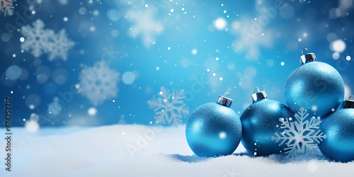 Winter Fantasy: Blue Christmas Baubles with Snowy Background,, Blue Baubles Festivity: Holiday Decorative Bliss Generative Ai