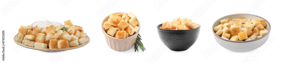Delicious crispy croutons isolated on white, set Delicious crispy croutons isolated on white, set